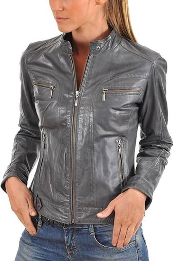 Women's  copper gray   lambskin leather jacket-straight zipper & café racer style