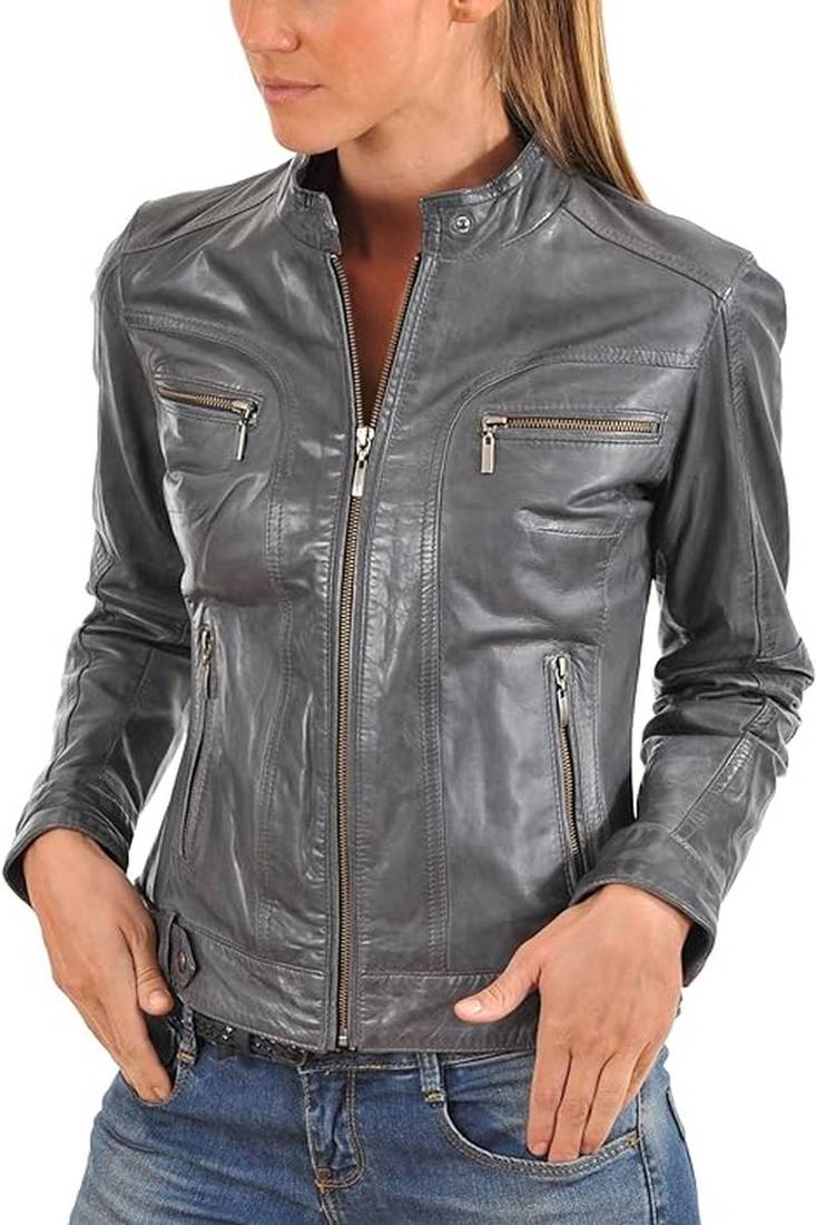 Women's  copper gray   lambskin leather jacket-straight zipper & café racer style