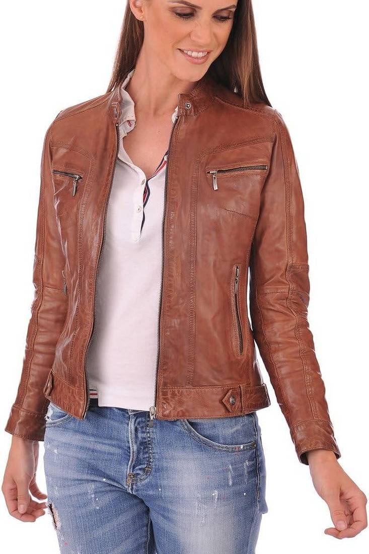 Women's  brown  lambskin leather jacket-cross zipper & crunchy  style