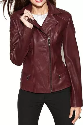 women's burgundy premium lambskin leather jacket quilted shoulder detailing