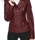 women's burgundy premium lambskin leather jacket quilted shoulder detailing
