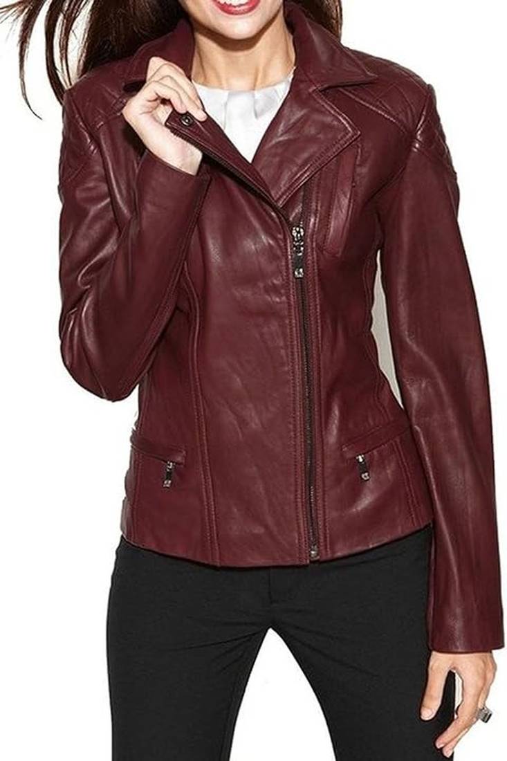 Women's  burgundy  lambskin leather jacket-cross zipper & quilted shoulder style