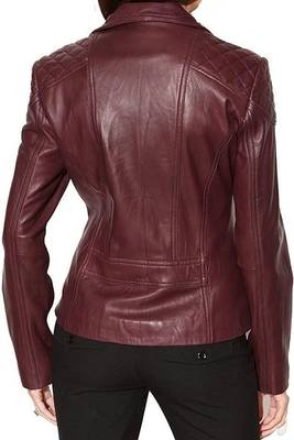 women's burgundy premium lambskin leather jacket quilted shoulder detailing 2
