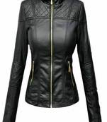 women's black premium lambskin leather jacket quilted shoulder detailing premium