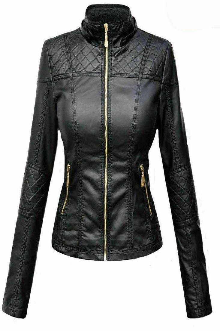 Women's  black lambskin leather jacket-straight zipper & quilted shoulder style