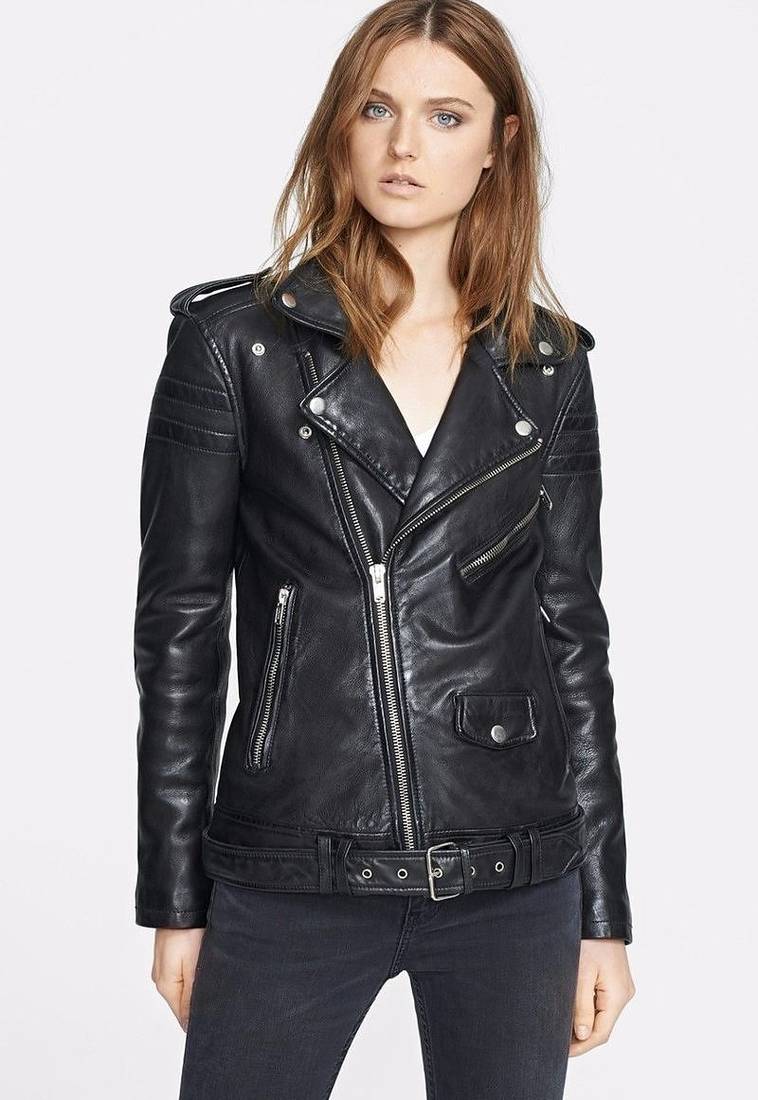 Women's  black lambskin leather jacket-asymmetric zipper & waist belt style