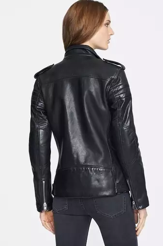 women's black premium lambskin leather jacket asymmetrical zip closure refined