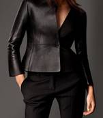 women's black lambskin leather blazer jacket classic zip up style modern