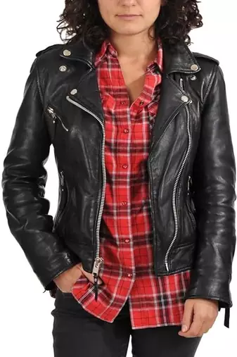 women's black premium lambskin leather jacket asymmetrical zip closure elegant