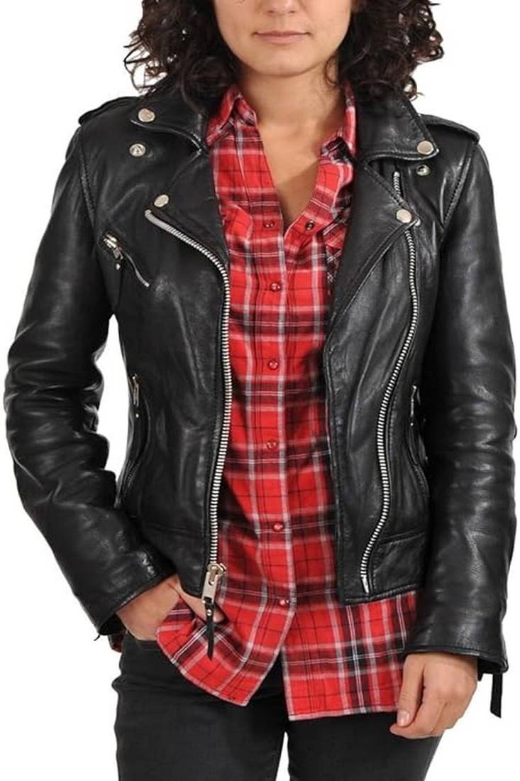 Women's  black lambskin leather jacket-asymmetric zipper & waist belt style