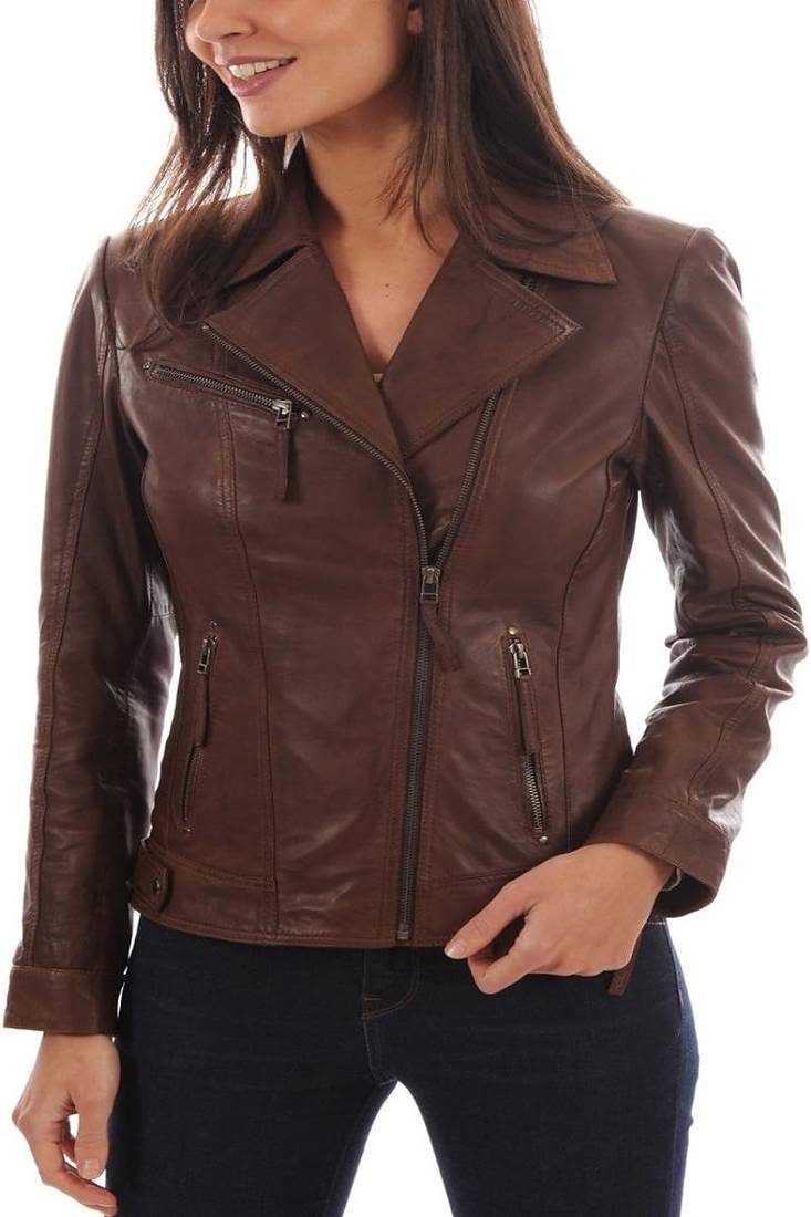 Women's  brown lambskin leather jack et-staright zipper & backbelt style