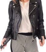 Women's  black lambskin leather jacket-asymmetric zipper & waist belt style