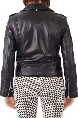 women's black premium lambskin leather jacket asymmetrical zip closure sophisticated 3