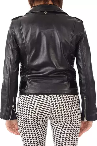 women's black premium lambskin leather jacket asymmetrical zip closure sophisticated