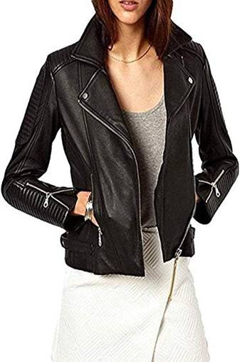 Women's  black lambskin leather jack et- silver-zippered pockets & quilted hand style