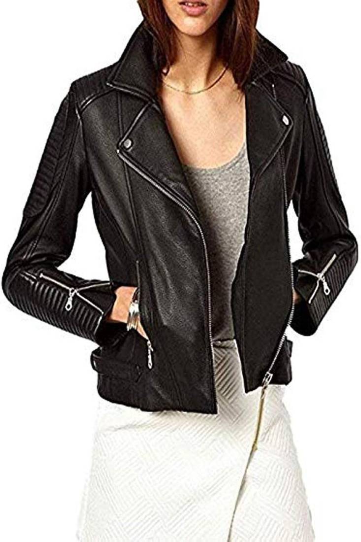 Women's  black lambskin leather jack et- silver-zippered pockets & quilted hand style