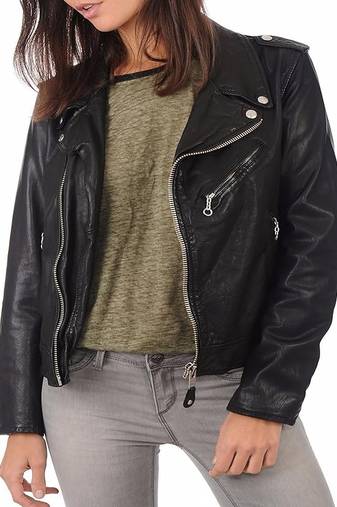 Women's  black lambskin leather jack et- silver-zippered pockets style