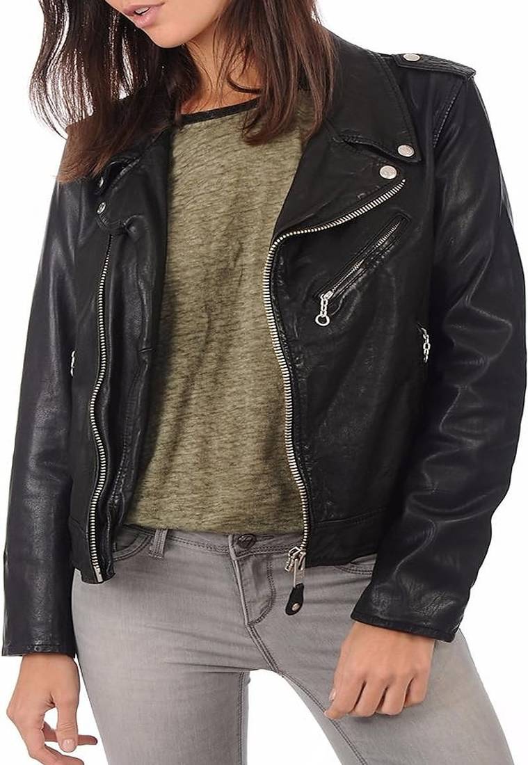 Women's  black lambskin leather jack et- silver-zippered pockets style