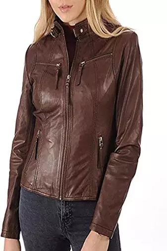 women's brown premium lambskin leather jacket asymmetrical zip closure premium