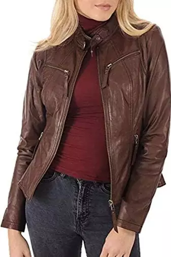 women's brown premium lambskin leather jacket asymmetrical zip closure premium