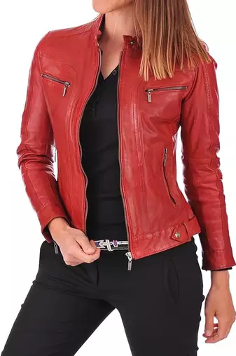 women's red premium lambskin leather jacket asymmetrical zip closure premium