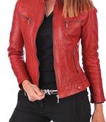 women's red premium lambskin leather jacket asymmetrical zip closure premium