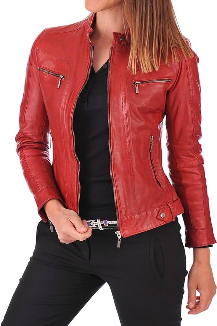 Women's  red lambskin leather jacket-asymmetric zipper & waist belt style
