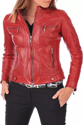 women's red premium lambskin leather jacket asymmetrical zip closure premium