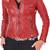 Women's  red lambskin leather jacket-asymmetric zipper & waist belt style