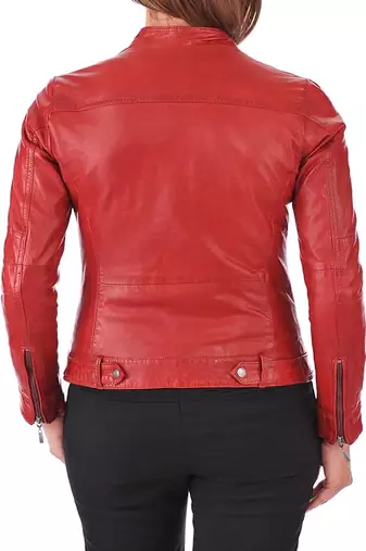 women's red premium lambskin leather jacket asymmetrical zip closure premium