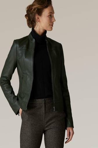 women's olive green lambskin leather jacket classic zip up style premium
