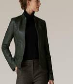 Women's olive green lambskin leather jacket- zipper & café racer detail  style