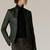 Women's olive green lambskin leather jacket- zipper & café racer detail  style