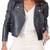 Women's navy blue  lambskin leather jacket- zipeer & button detail  style