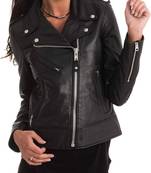 Women's black shorts lambskin leather jacket-asymmetric zipper & waist belt style