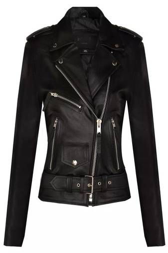 Women's  black lambskin leather jacket-asymmetric zipper & waist belt style