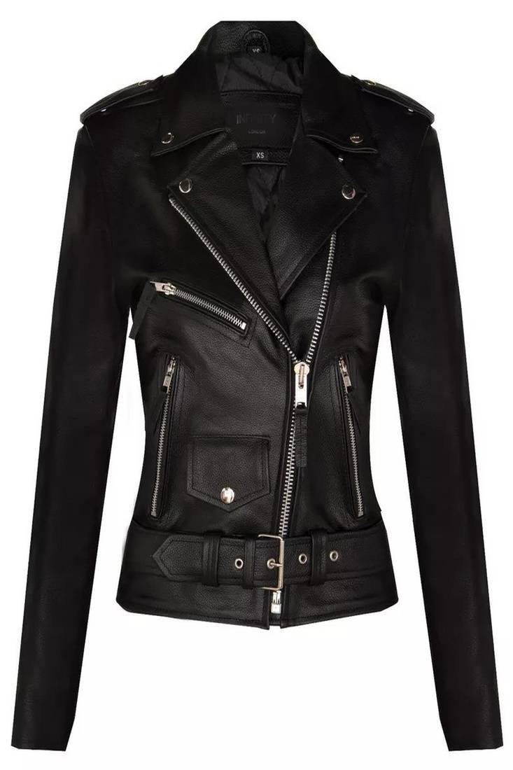 Women's  black lambskin leather jacket-asymmetric zipper & waist belt style