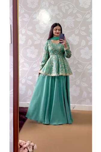 Green Embroidery Blend Tissue lehenga top and Dupatta Suit