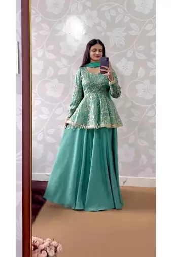 Green Embroidery Blend Tissue lehenga top and Dupatta Suit