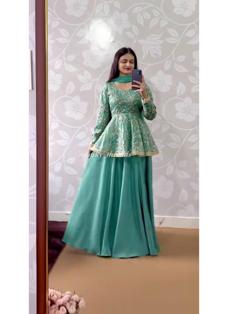 Green Embroidery Blend Tissue lehenga top and Dupatta Suit