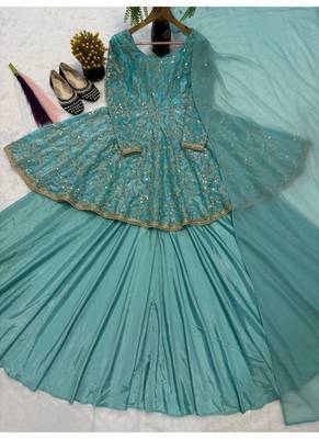 Green Embroidery Blend Tissue lehenga top and Dupatta Suit 3
