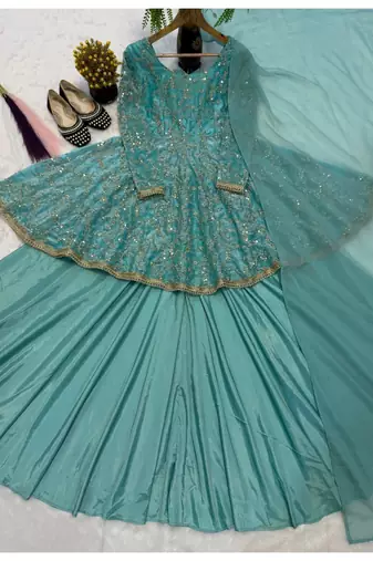 Green Embroidery Blend Tissue lehenga top and Dupatta Suit