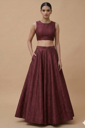 Dark wine Open-Back Lehenga Set