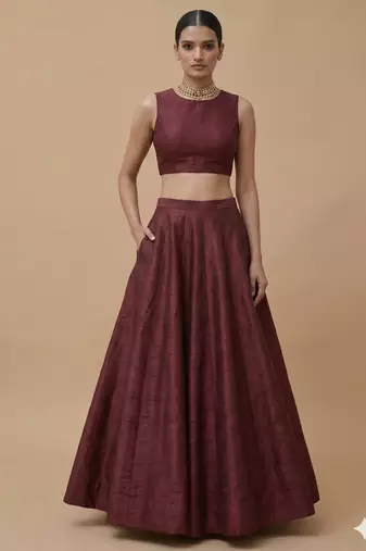 Dark wine Open-Back Lehenga Set