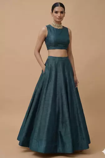Dark teal Open-Back Lehenga Set