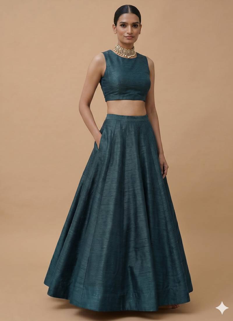 Dark teal Open-Back Lehenga Set