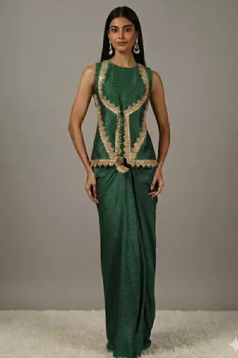 Dark green Draped Skirt Set with lace work