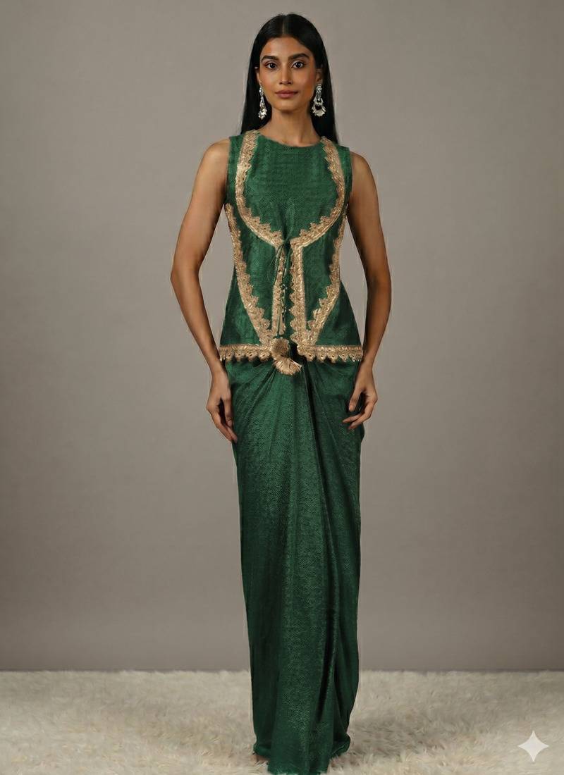 Dark green Draped Skirt Set with lace work