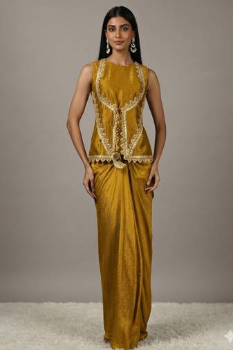 Mustard Draped Skirt Set with lace work