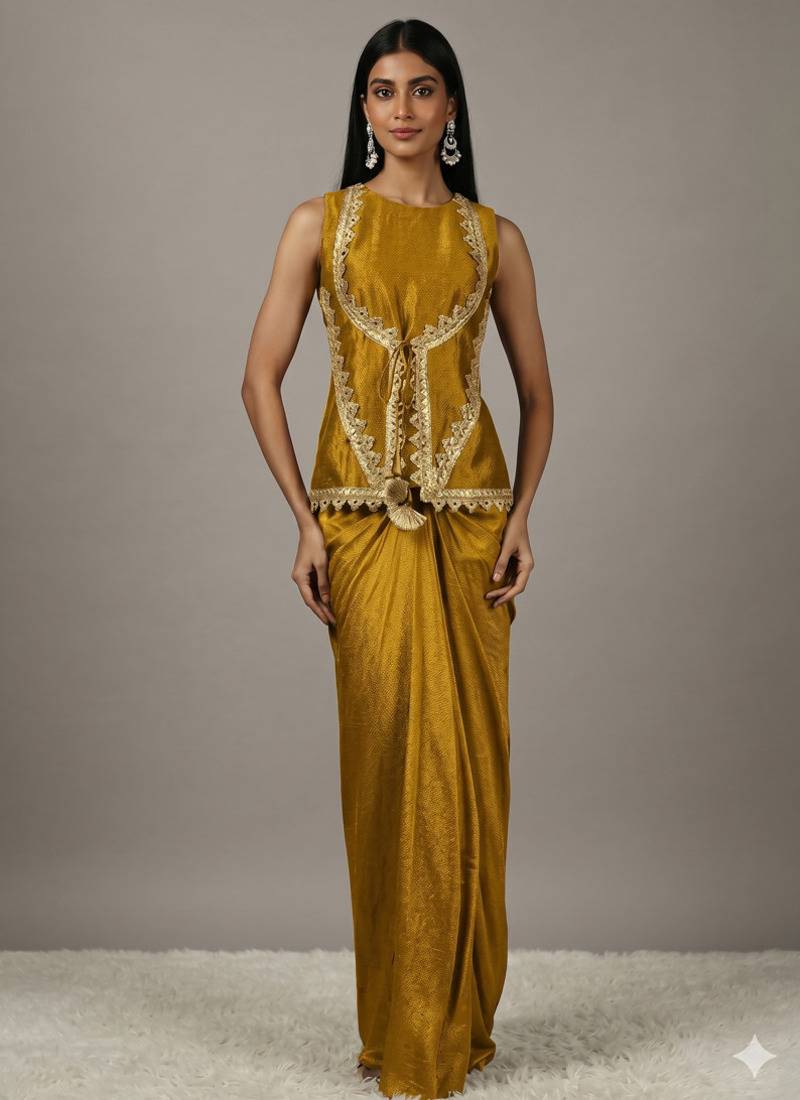 Mustard Draped Skirt Set with lace work